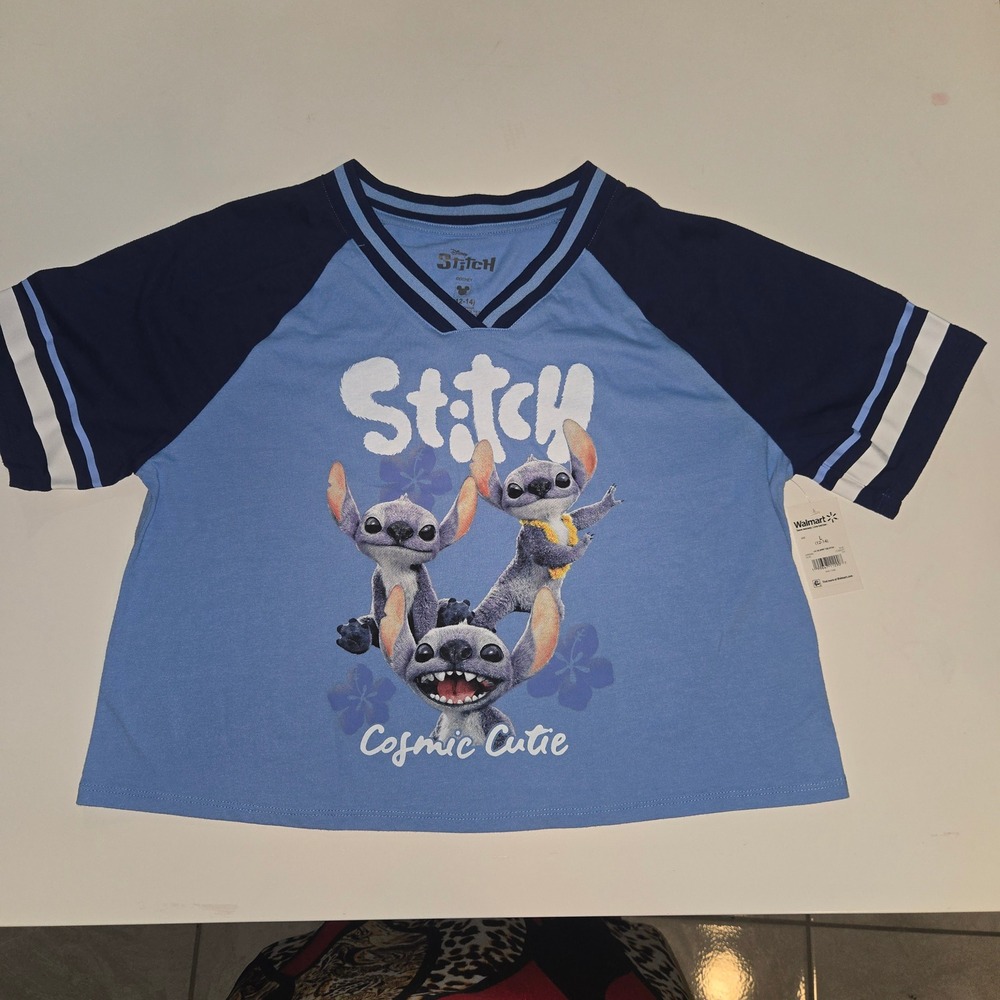 Disney Stitch Cosmic Cutie Raglan Crop T-Shirt Blue Womens Size L 12-14 NWT